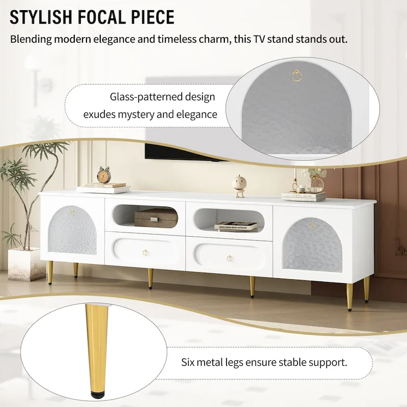 TV Stand Entertainment Center with Glass Cabinet Doors, 4 Drawers, 2 Cabinets and 6 Metal Legs