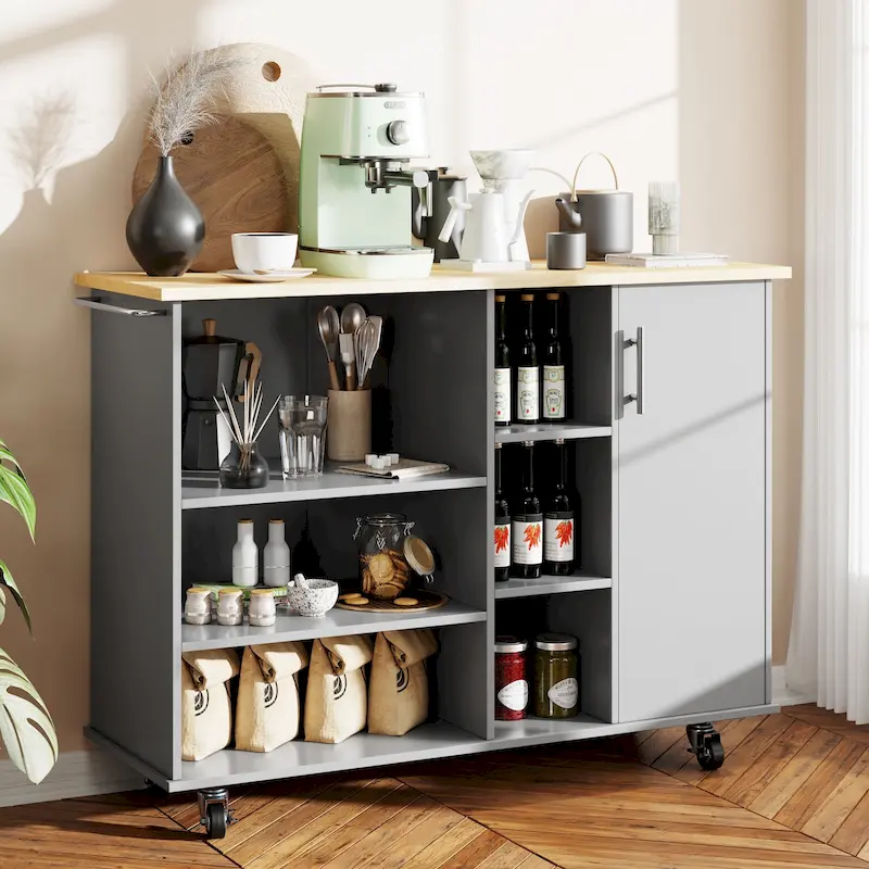 47W Kitchen Storage Island Cart with 6 Open Shelves and 1 Cabinet