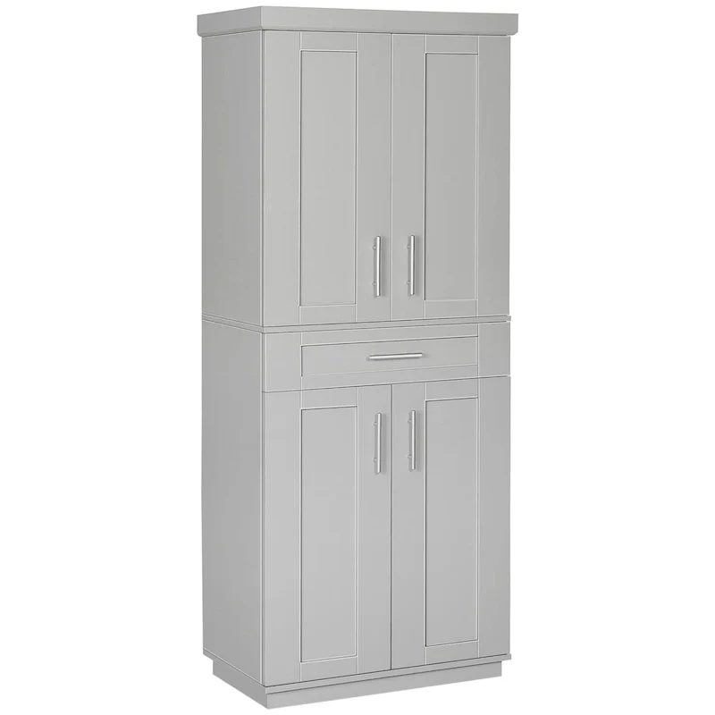 Grey Freestanding Kitchen Pantry Cabinet with Doors, Drawer & Adjustable Shelves