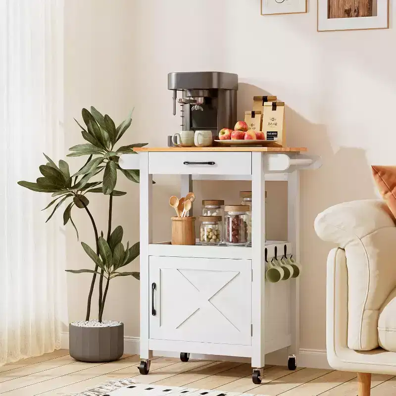 VINGLI Rolling Kitchen Cart with Storage Cabinet & Drawer, Compact Kitchen Island on Swivel Wheels, Small Kitchen Cart with Side Hooks & Towel Rods