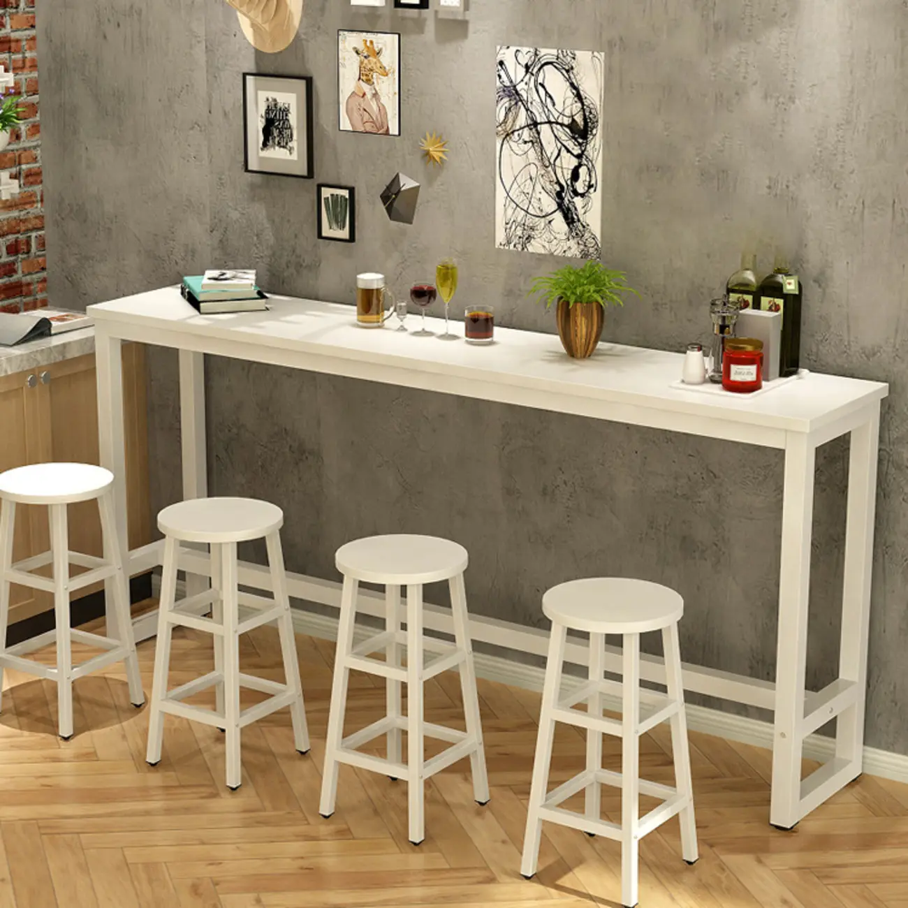 Elegant White Narrow Bar Table with Metal Footrest for Modern Home Decor