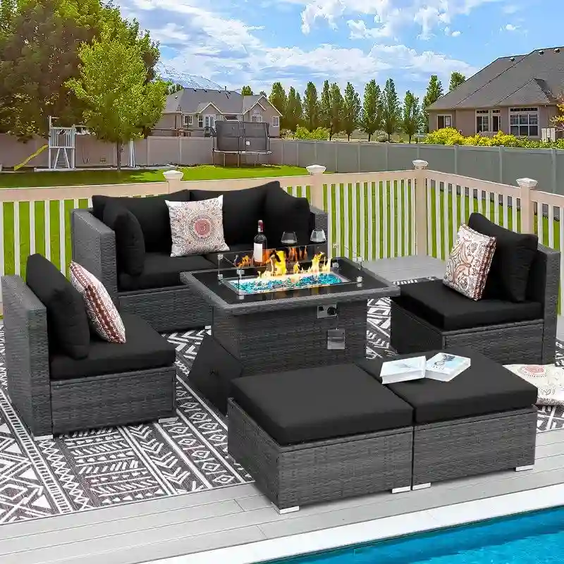 FINCATI 7 Piece Outdoor Furniture Wicker Sectional Sofa Set with Fire Pit Table