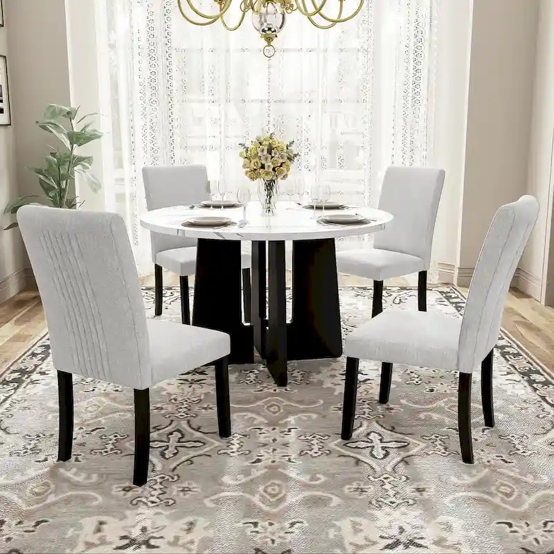 5 Piece Kitchen Table and Chairs Set, 4 People Round Dining Table Set, 4 Upholstered Chairs with Rubber Wood Legs