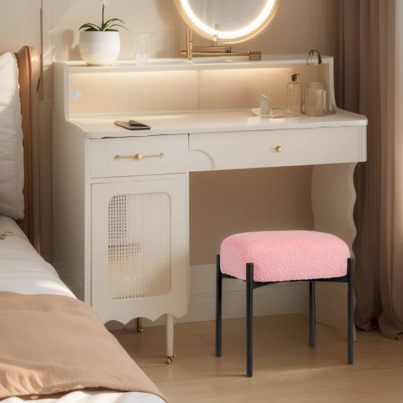 Faux Teddy Fur Round Vanity Stool, Ottoman Foot Stool