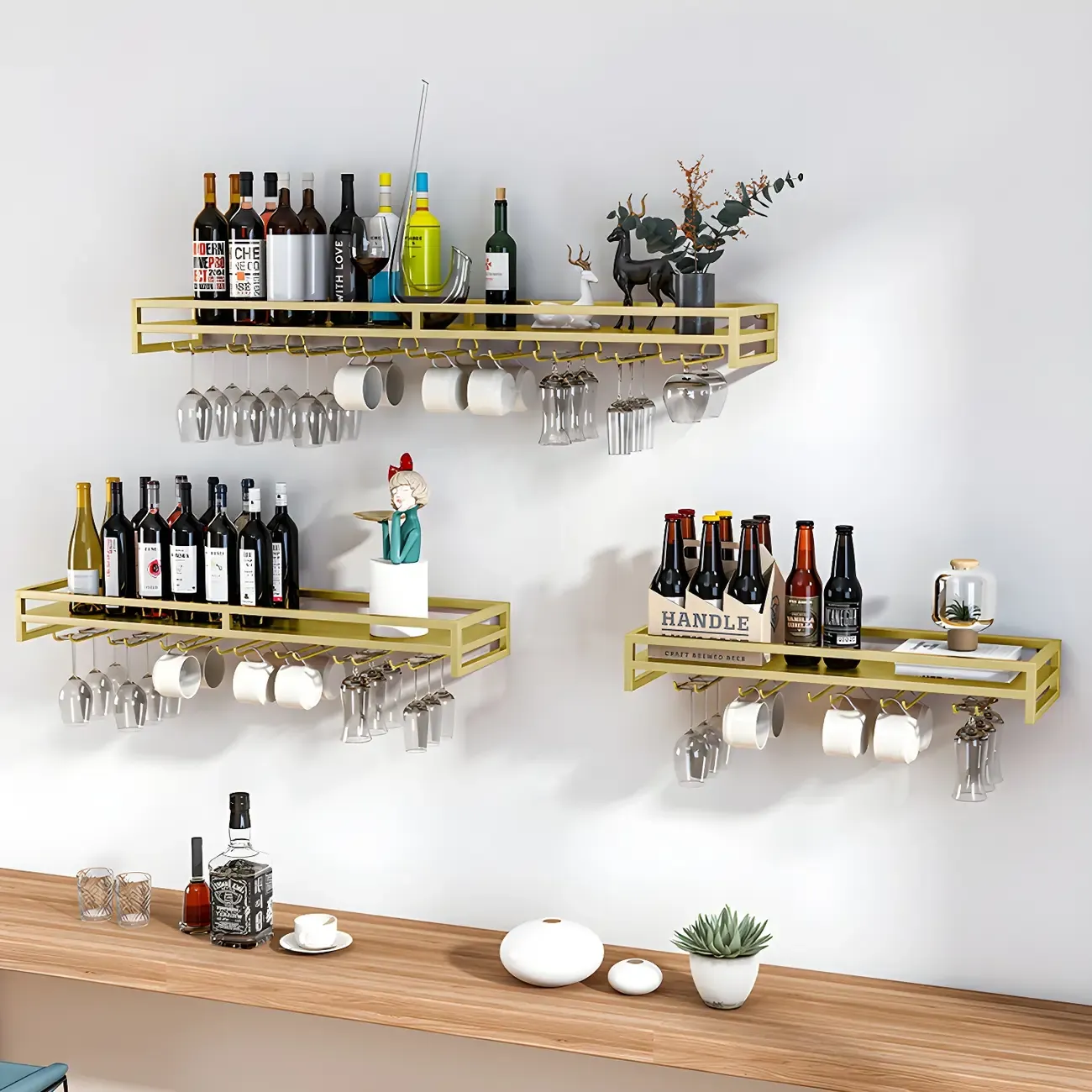 Floating Mount Metal Wine Glasses and Bottle Rack with Hook