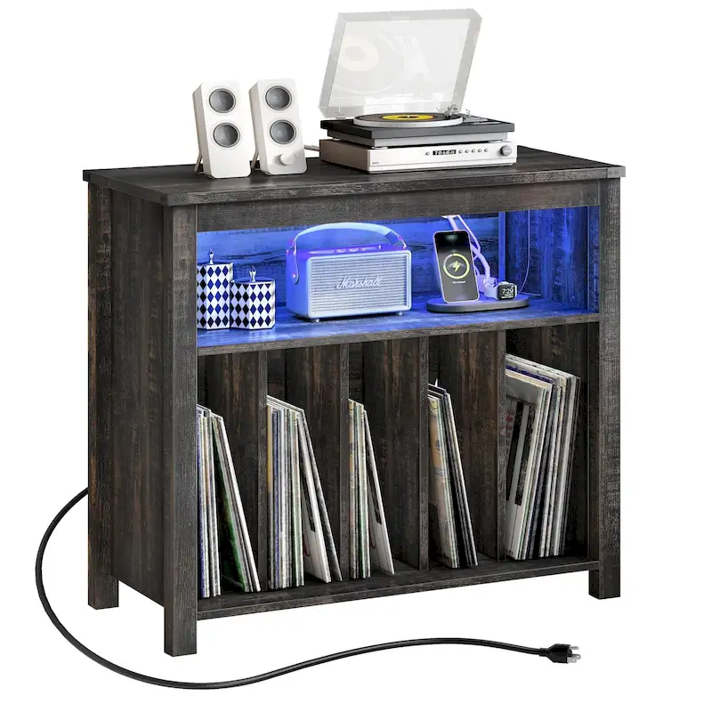 Oak / Brown Record Player Stand with LED Lights, Power Outlets & Album Storage