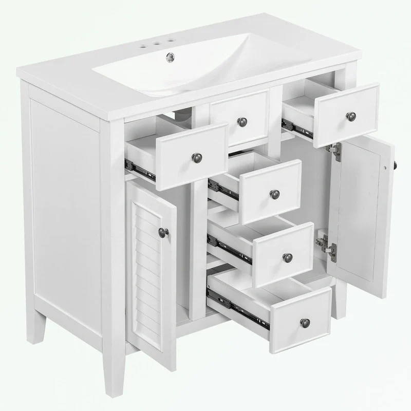 Bathroom Vanity with Ceramic Basin, Two Cabinets and Five Drawers