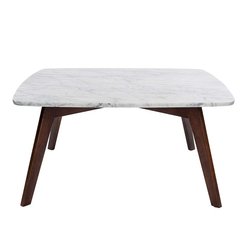 Square Marble Top Coffee Table with Elm Wood Legs – White & Walnut, Mid-Century Modern Style
