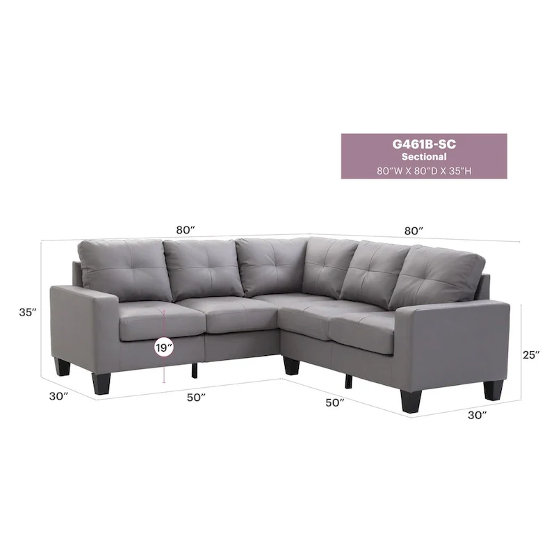 Newbury 82 in. W 2-piece Faux Leather L Shape Sectional Sofa - 32 L x 82 W x 35 H