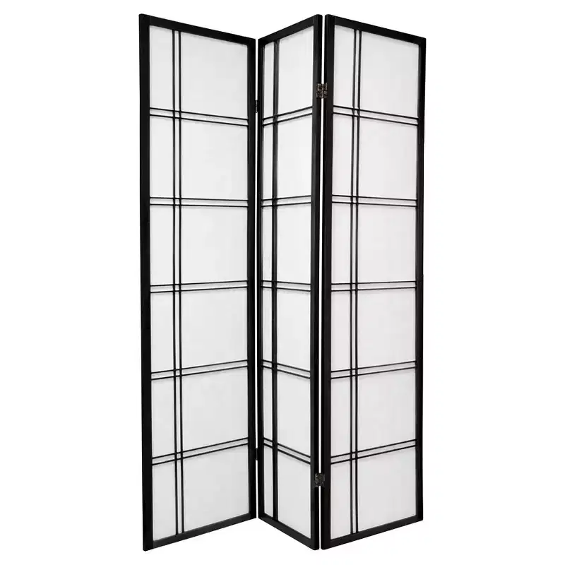 Oriental Furniture 6 ft. Tall Double Cross Shoji Screen - Black (3 Panels):Hardwood Frame, Metal Hardware, No Assembly Required