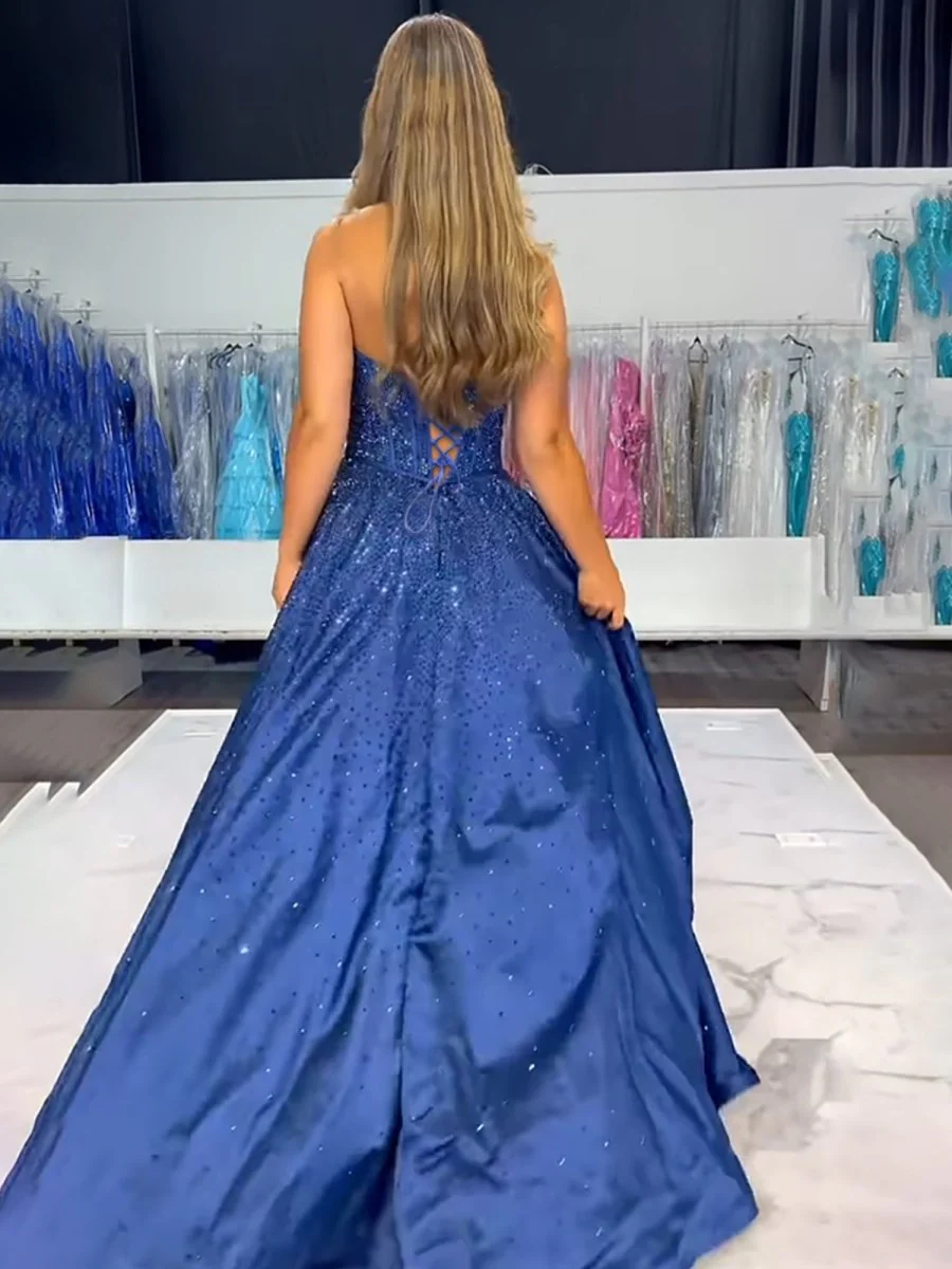 Navy Blue Strapless Satin Beaded A Line Long Prom Dresses With Bow