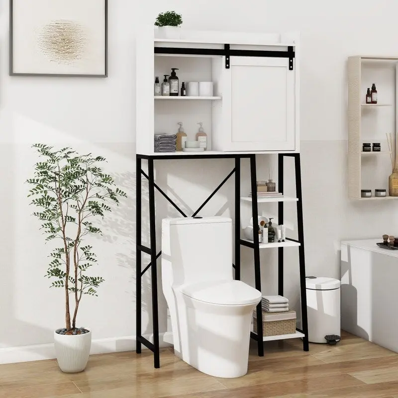Mid-Century Modern Barn Door Over-the-Toilet Bathroom Storage Cabinet