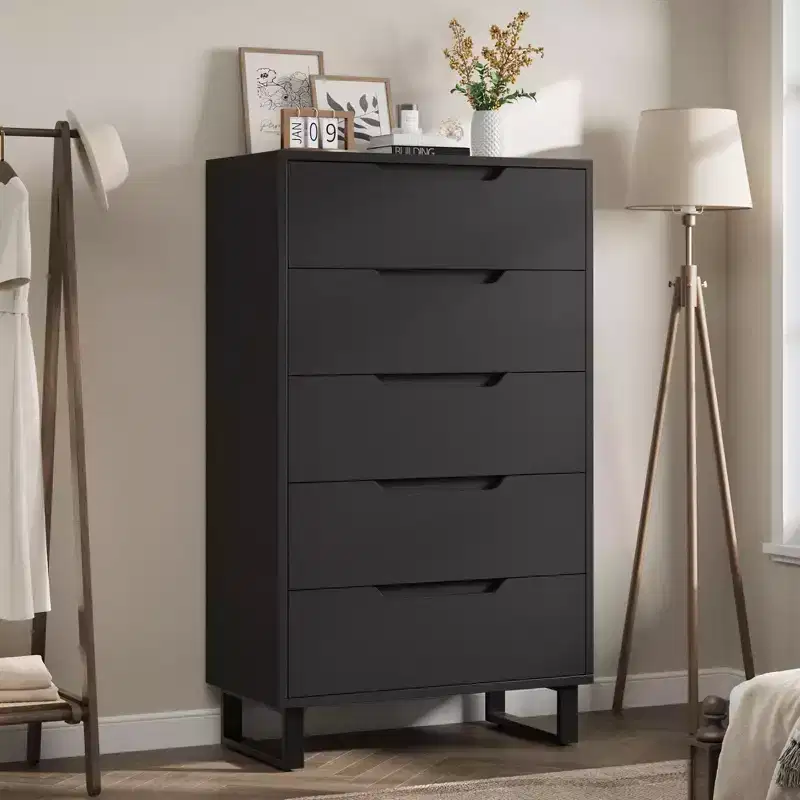 50 Tall 5-Drawer Dresser with Storage, Freestanding Vertical Chest for Bedroom, Living Room, or Entryway  Adjustable Legs, Black Finish