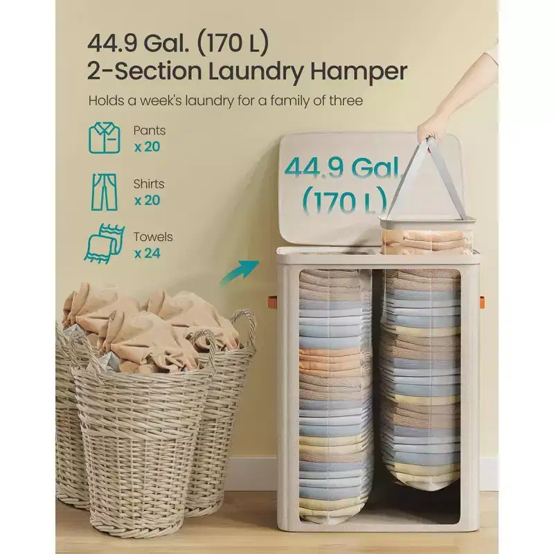 44.9 Gal Large Laundry Hamper with Lid, 2 Compartment Dirty Clothes Basket, Removable Inner Bags & Handles, 22x15.7x29.5 Inches