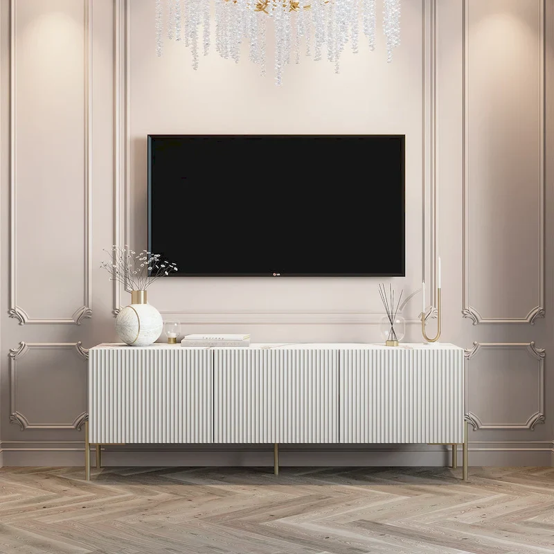 Beige TV Stand Console with Metal Legs – Art Deco Design, Fits TVs up to 65 in.