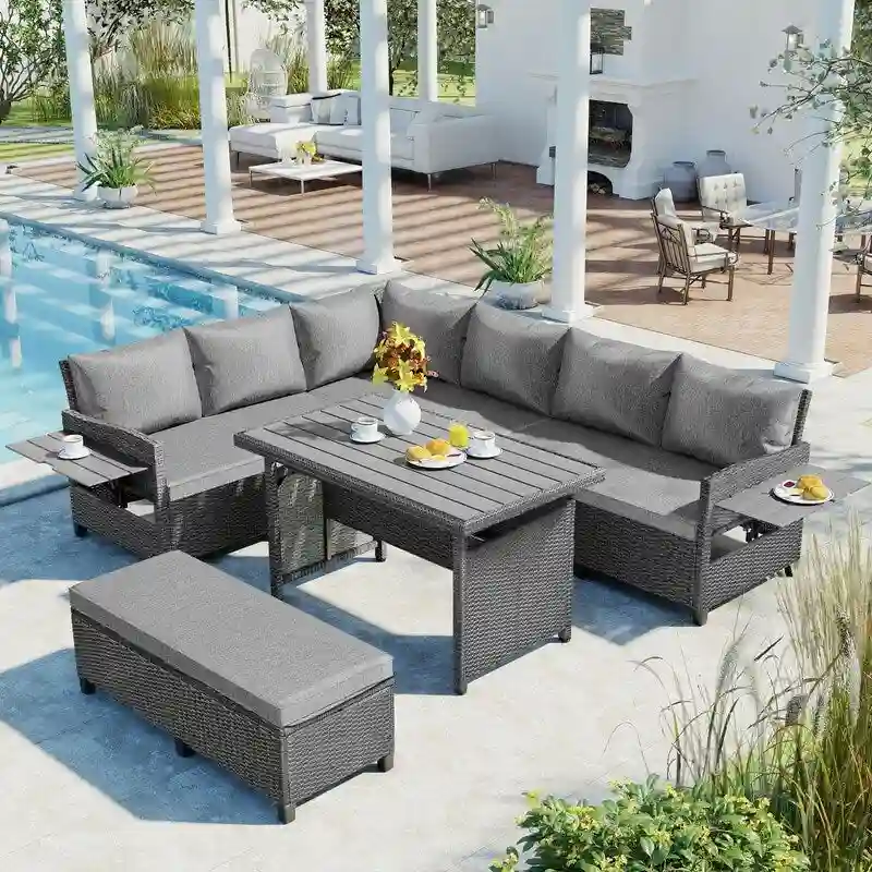 5-Piece L-Shaped Patio Rattan Sofa Set with 2 Extendable Side Tables