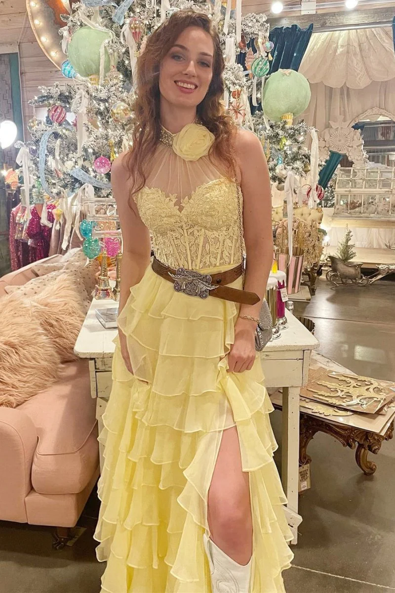 A line High Neck Tiered Chiffon Prom Dress with 3D Flower