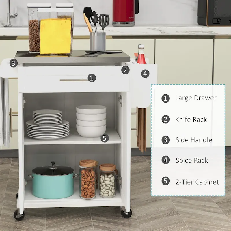 HOMCOM Kitchen Island on Wheels, Rolling Kitchen Cart with Stainless Steel Countertop, Drawer, Gray