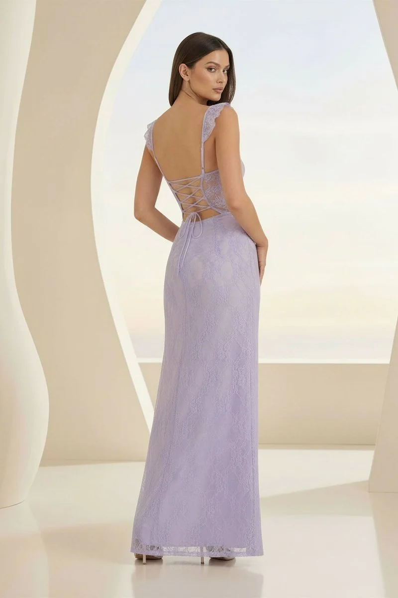Lavender Sweetheart Sheath Lace Ruffled Formal Prom Dresses With Slit