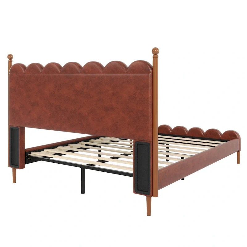 Leather Upholstered Bed with Headboard & Footboard, Solid Wood Slats & Legs