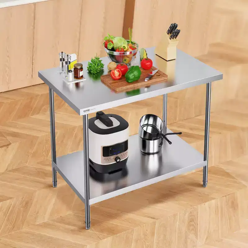VEVOR Stainless Steel Prep Table, 30 x 48 x 34 Inch, 880 lbs Load Capacity, Heavy Duty Metal Worktable with 3 Adjustable Height Levels