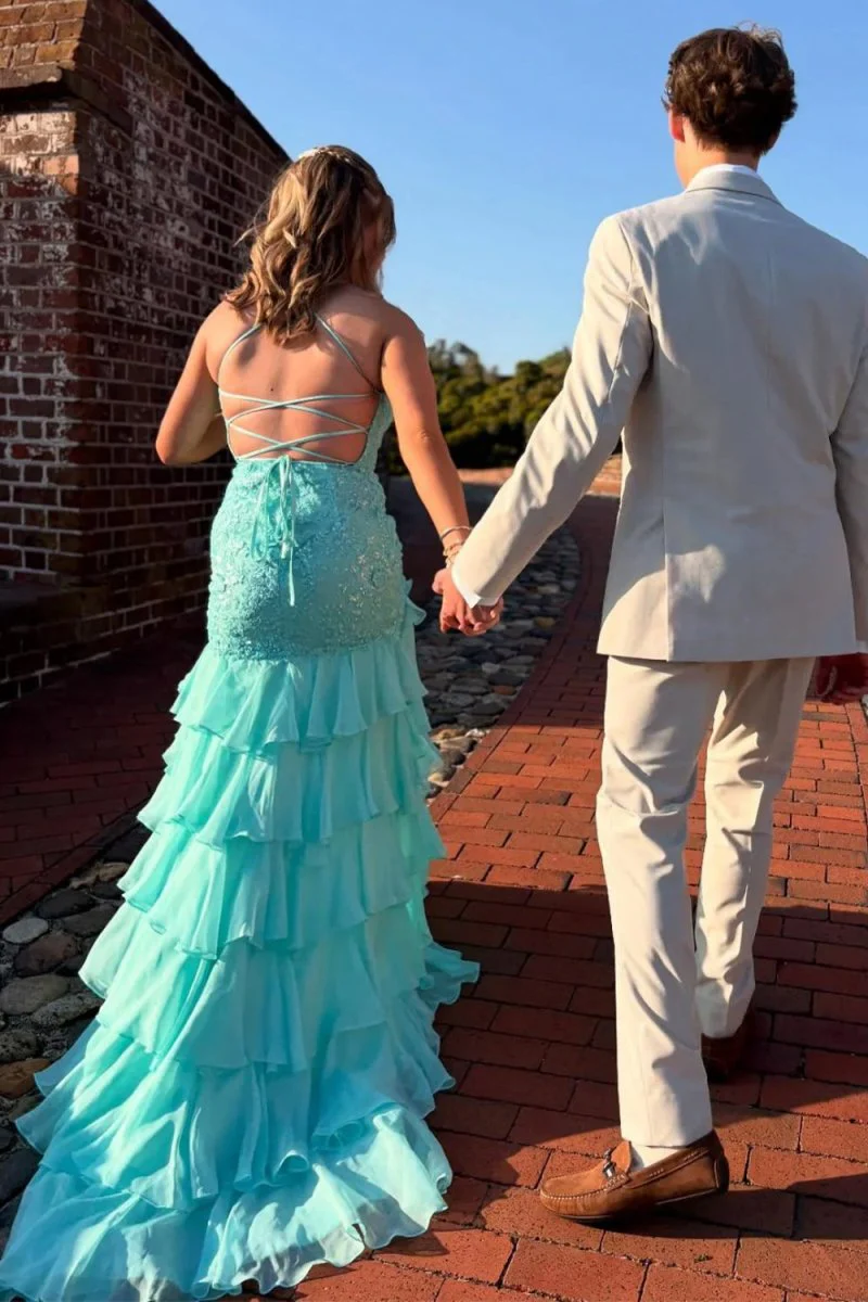 Aqua - Spaghetti Straps Mermaid Lace Appliqued Prom Dresses With Ruffles