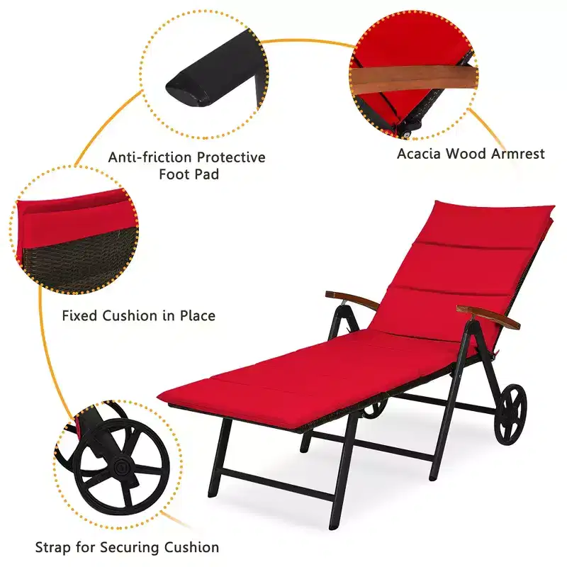 Costway 2 PCS Folding Patio Rattan Lounge Chair Cushioned Aluminum w/ Wheel