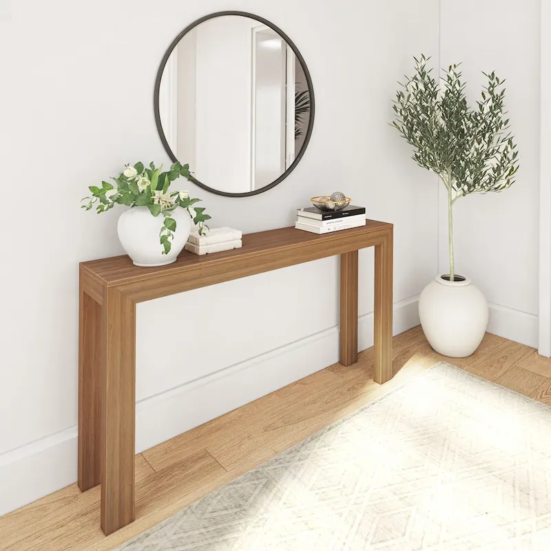56-inch Modern Solid Pine Console Table – Pecan / Black, Single
