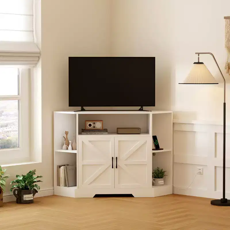 Corner TV Stand for 55-Inch TVs,Modern Entertainment Center with Storage Cabinets & Barn Doors, Media Console Table for Living Room,Bedroom