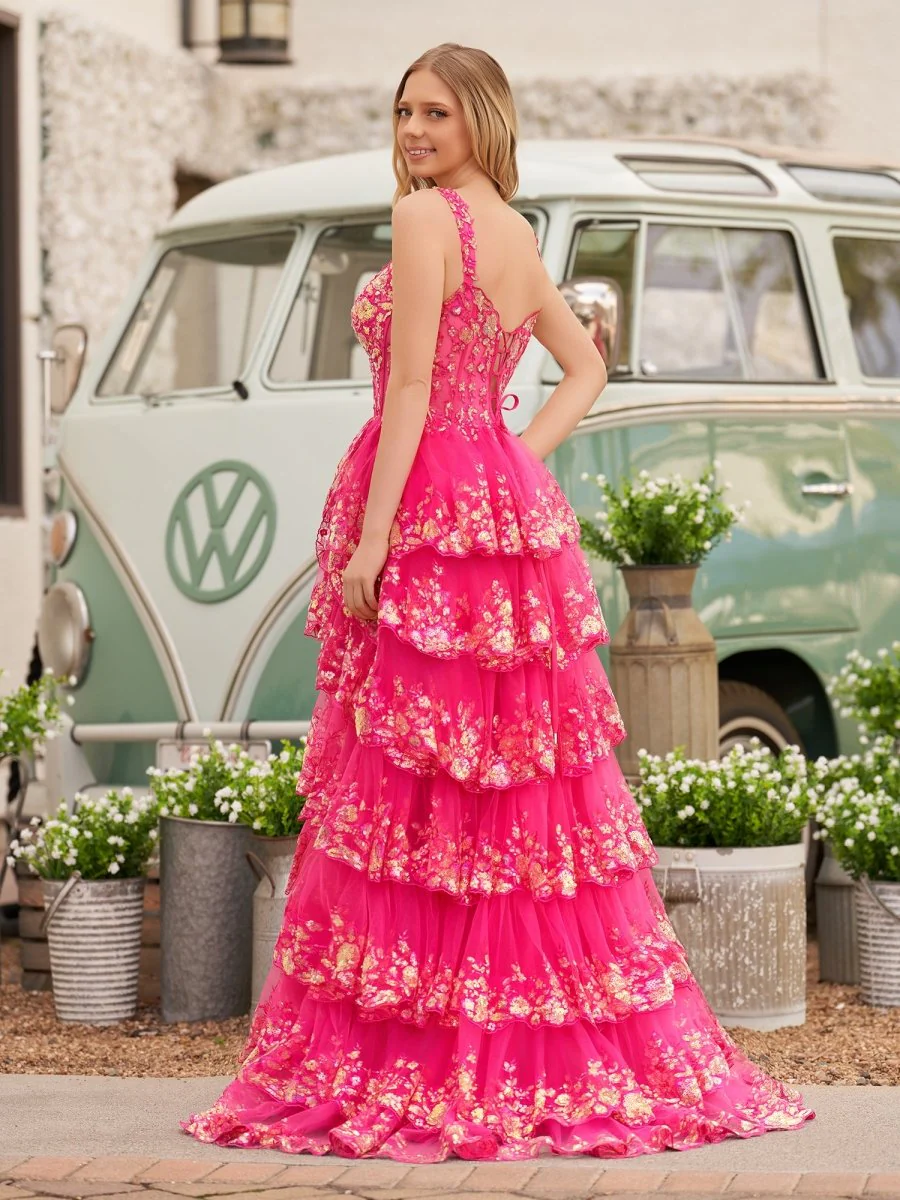 A-Line Lace Off-the-Shoulder Tiered Long Prom Dress with Slit