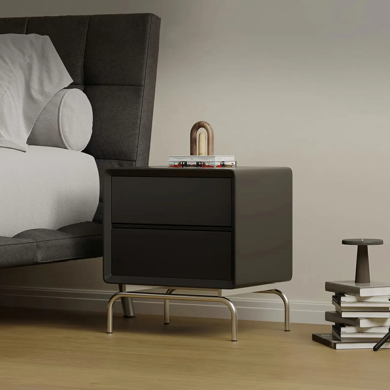 Classic Black Wood 2 Drawers Nightstand with Silver Metal Base