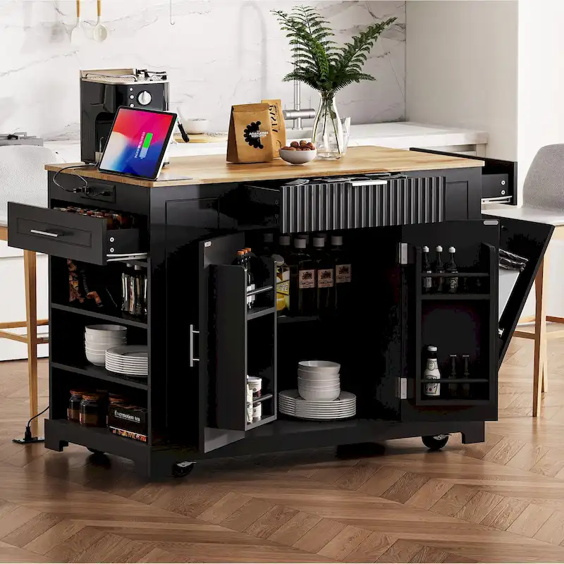 Fluted Kitchen Island with Trash Can Storage Cabinet, Power Outlet, Rolling Kitchen Islands on 5 Wheels with 3 Open Side Racks