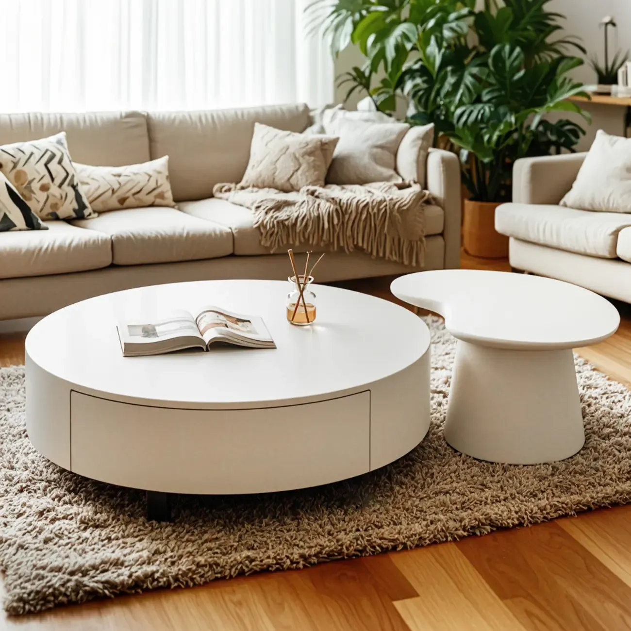 Pure White Round Modern Wood Drawer Coffee Table