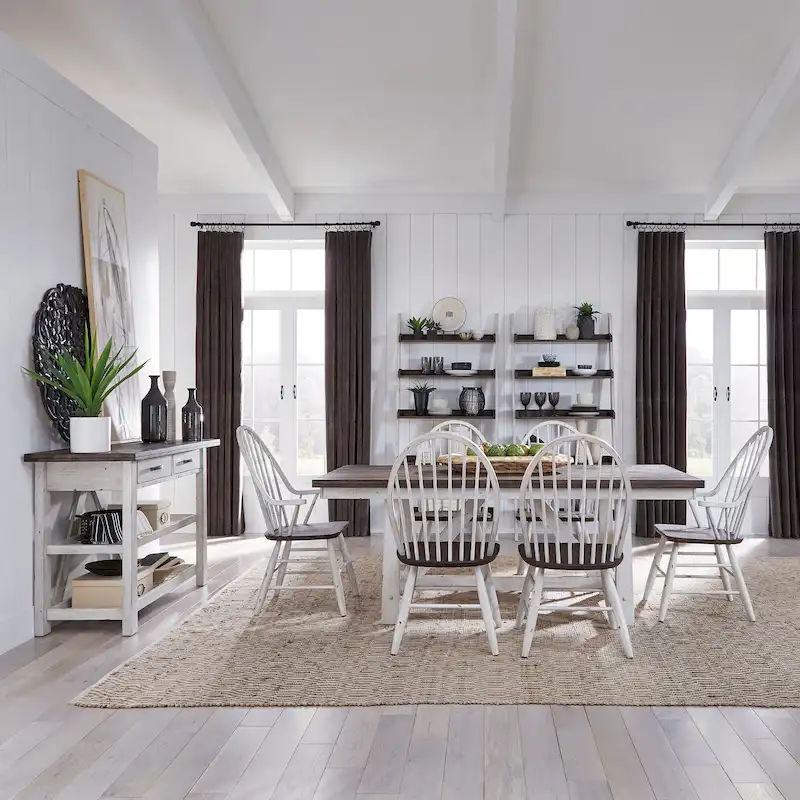 Farmhouse Two Tone White Wood Tone 7 Piece Trestle Table Set