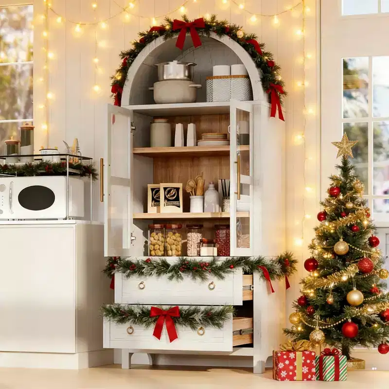 sumyeg 71 Tall Arched Kitchen Pantry Cabinet with Glass Doors, Adjustable Shelves & 2 Large Drawers