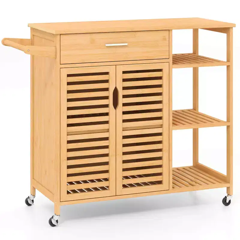 Natural Bamboo Kitchen Island Cart with Drawer, Cabinet & Lockable Wheels (1-Person Assembly)
