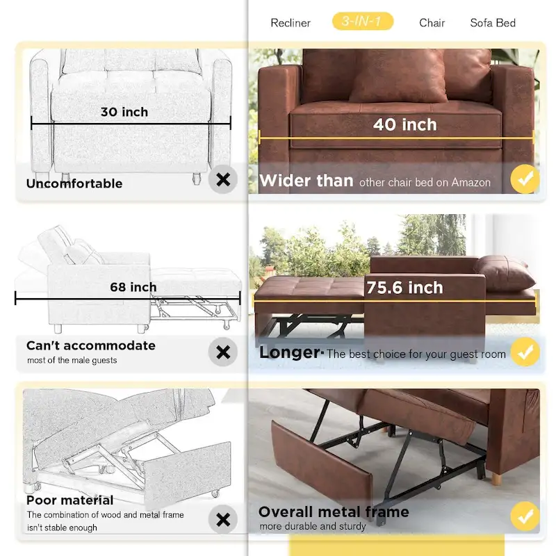AECOJOY Adjustable Sleeper Chair Bed 3-in-1 Convertible Futon Sofa