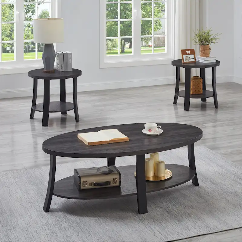 Contemporary Oval Wood Shelf 3-Piece Coffee Table
