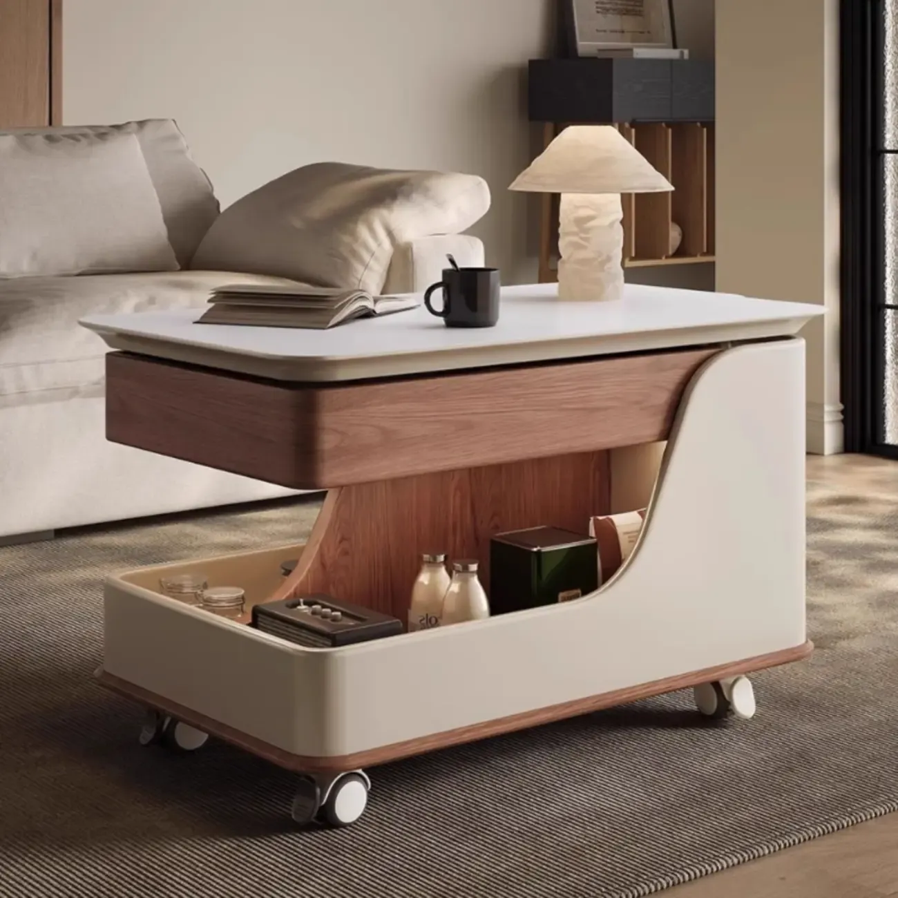 White Adjustable Top Modern Rolling Wood Side Table