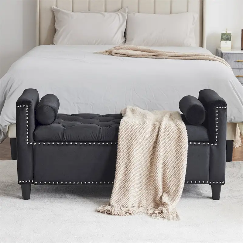 Storage Bench,44.5-Inch Queen Velvet Button Bedside Bench w/Armrests