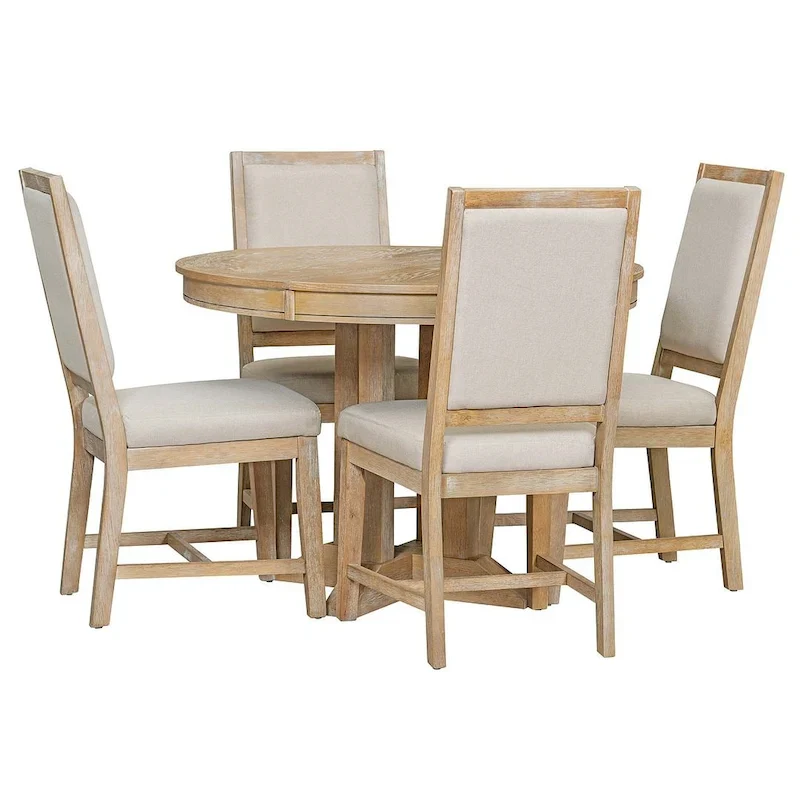 Wooden Round Drop Leaf Extendable Dining Table Set with 4 Upholstered Chairs
