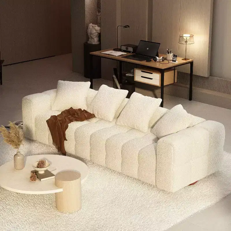 100.8W Famapy Modern 4-Seat White Teddy Velvet Sofa with Solid Wood Base
