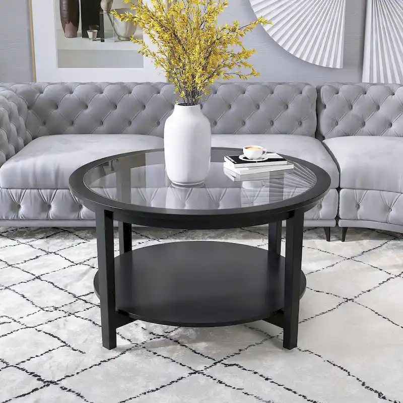 Black Round Glass Top Coffee Table with Storage Shelf, 2-Tier