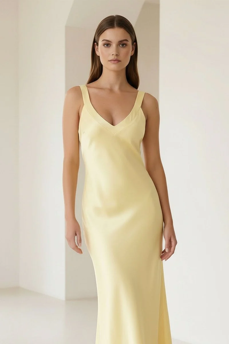 Yellow Mermaid Satin V Neck Long Party Dress