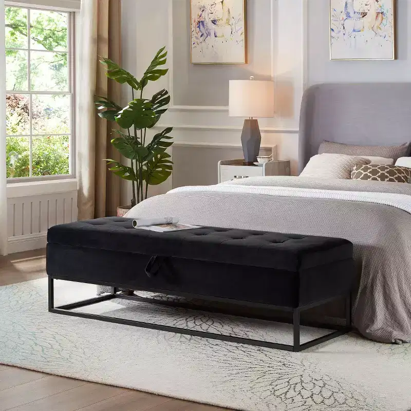 TUYOHW Metal Base with Storage Velvet Bench, Bed Bench for Living Room, Black