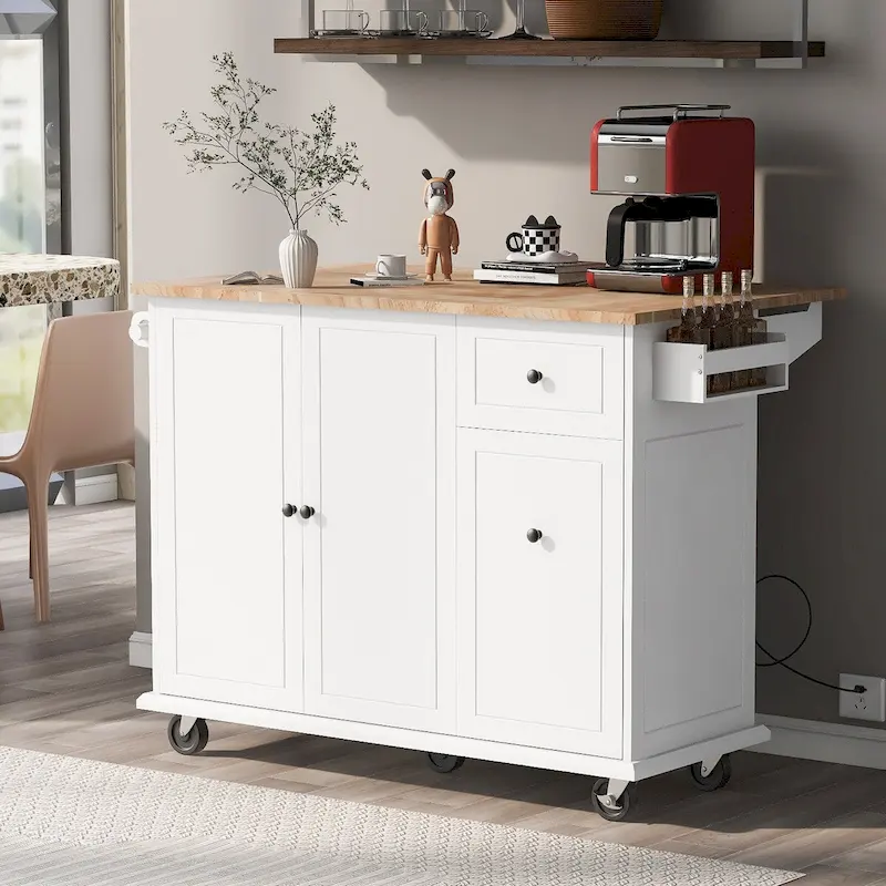 Kitchen Island with Drop Leaf, 53.9 Width Rolling Kitchen Cart on Wheels with Internal Storage Rack