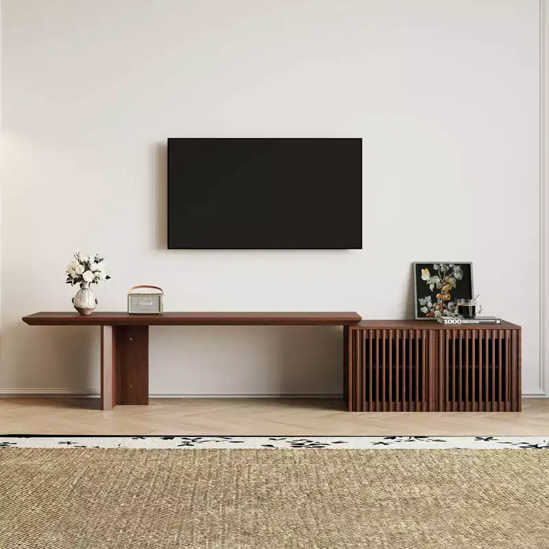 JVNOXK 60.6-84.3''Extendable TV Media Console for Up to 55 Inch, Modern TV Stand, Entertainment Center with Storage, for Living Room,Bedroom,Walnut