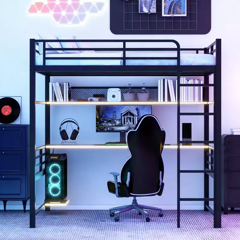 Luxystar Full Size Metal Loft Bed with Desk, Storage Shelf, Computer and Host Stand, Black