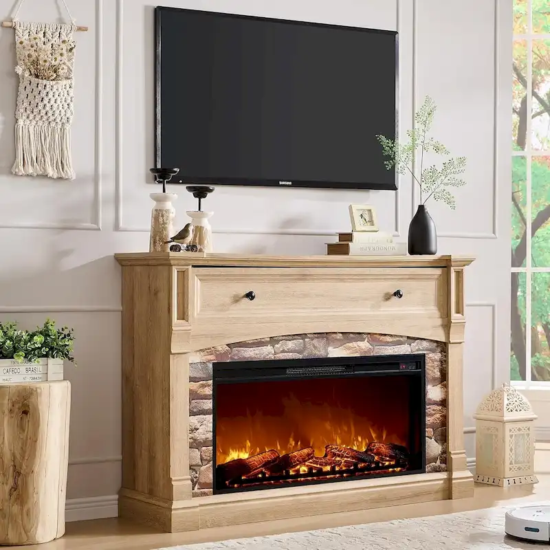 Farmhouse Fireplace TV Stand with Mantel, Tall Entertainment Center
