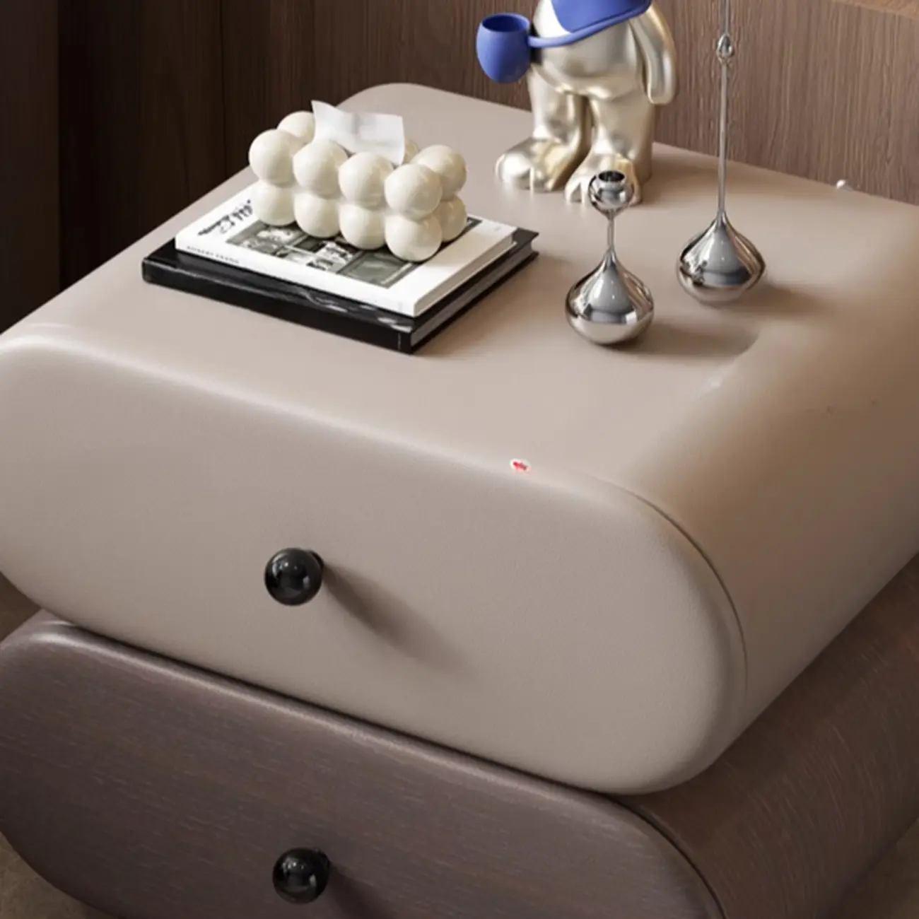 Modern Leather Wood Dual-Tone Drawers Nightstand